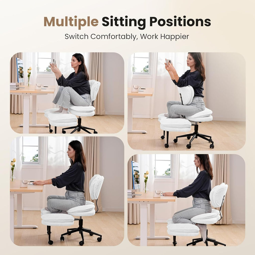 HOMRELEXA Cross Legged Office Chair, Ergonomic Cloud Criss Cross Desk Chair, Meditation Chair with Wheels, Height Adjustable Seat for ADHD, Wide Kneeling Chair with Back Support, Corduroy Fabric,White