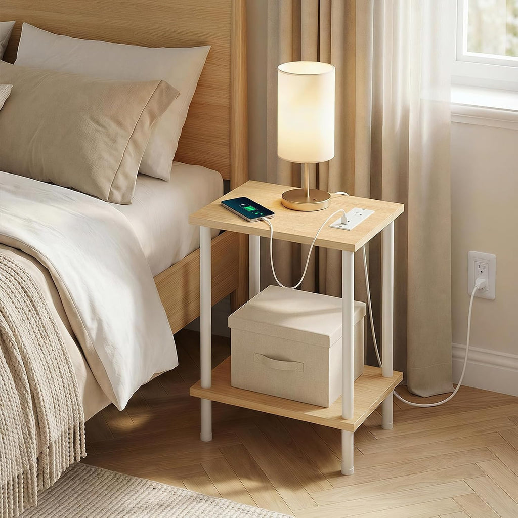 HOOBRO Side Table with Charging Station, End Table with USB Port and Outlet, Nightstand with 2-Layer Storage Shelves for Small Spaces, Living Room, Bedroom, Stable Frame, Natural and White WN09UBZ01