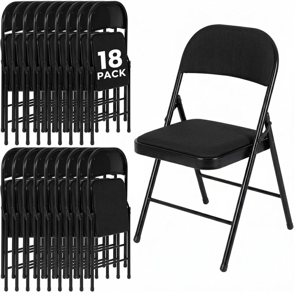 18 Pack Folding Chairs, Fabric Dining Chair Set with Padded Cushion and Back, Indoor Outdoor Seat for Home Office, Parties, Events, Wedding, Extra Guest Seating, Obsidian Black