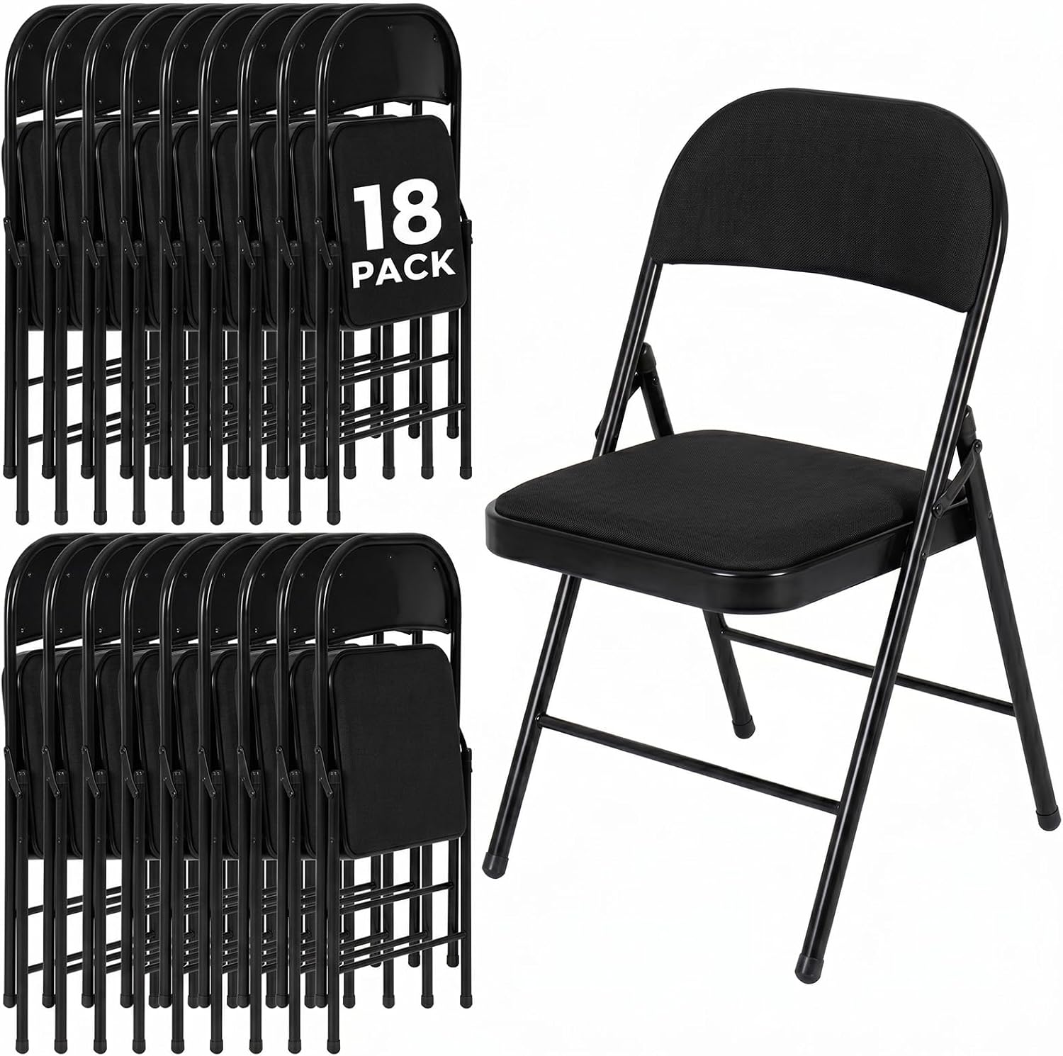 18 Pack Folding Chairs, Fabric Dining Chair Set with Padded Cushion and Back, Indoor Outdoor Seat for Home Office, Parties, Events, Wedding, Extra Guest Seating, Obsidian Black