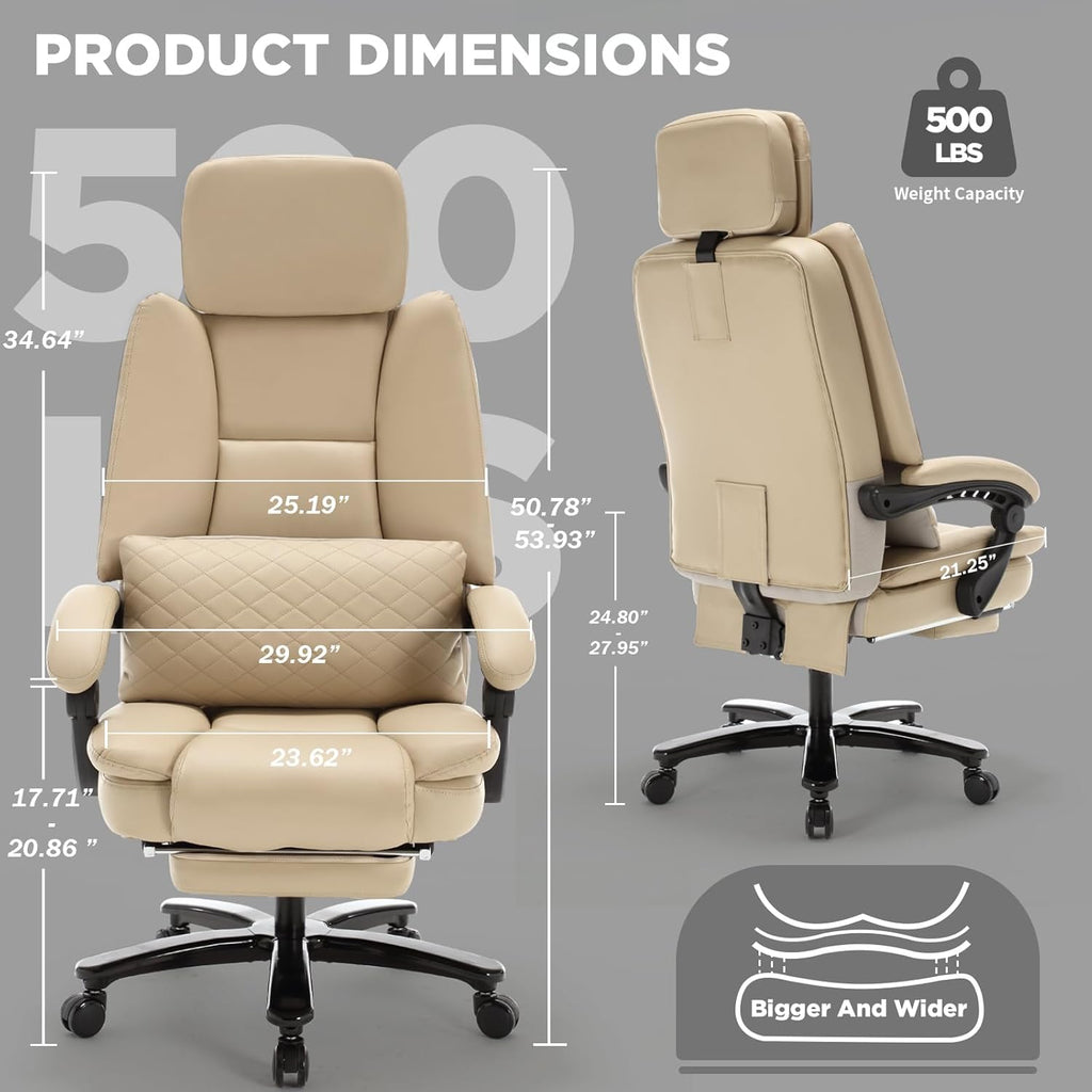 500lbs Plus Size Office Chair with Lumbar Support, PU Leather Big and Tall Heavy Duty Reclining Office Desk Chair with Foot Rest,Beige
