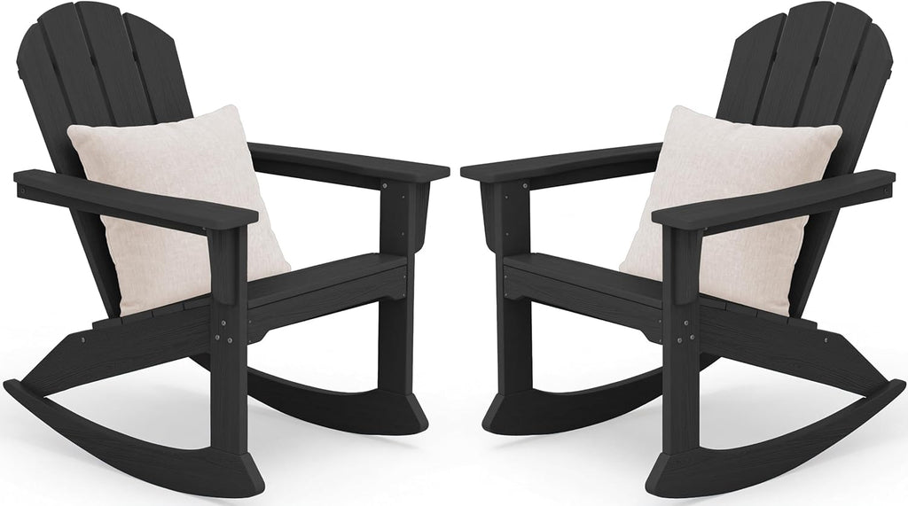 SERWALL Outdoor Adirondack Rocking Chairs Set of 2 with Pillows(500 PP Cotton Filling), All-Weather HDPE Adirondack Rocker Chair, Front Porch Rocker Chairs for Patio Lawn Porch Deck, Black