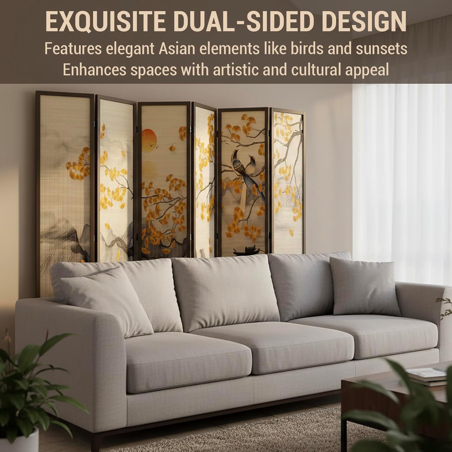 MyGift 6-Panel Large Bamboo Room Divider with Dual-Sided Asian Birds and Gingko Tree Sunset Print, Freestanding Privacy Screen with Brown Solid Wood Frame