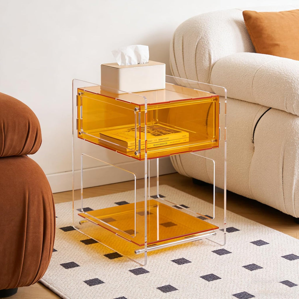 Acrylic Side Table with Open Storage Shelf, Clear Nightstand for Bedroom Living Room, Modern Small End Table for Record Player, Acrylic Bedside Organizer (Orange)
