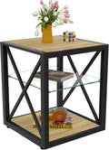 Modern Industrial End Table Nightstand with Tempered Glass Top & Natural Wood MDF, 3-Tier Storage, X-Frame Metal Base, Space-Saving Side Table for Bedroom & Living Room