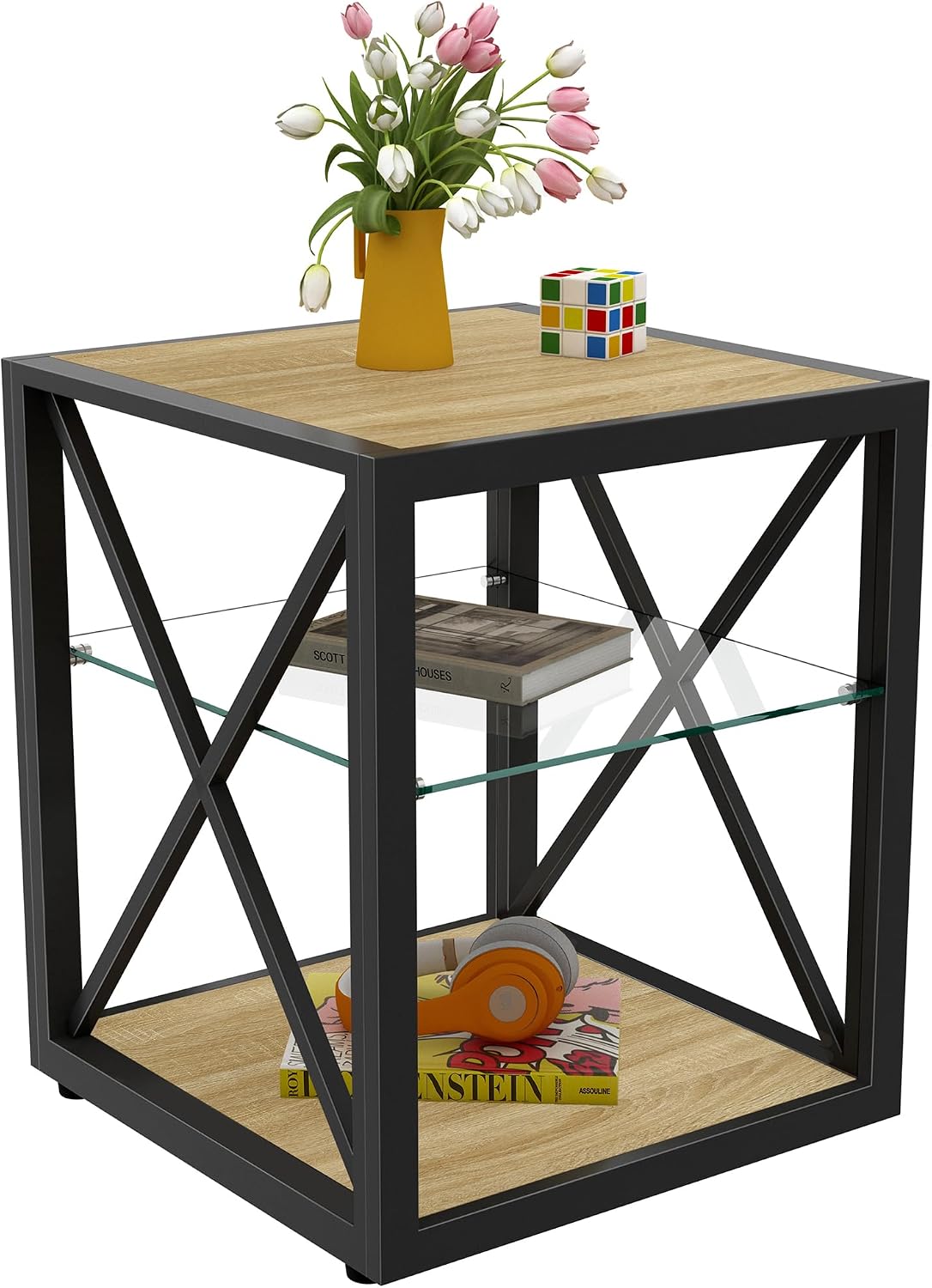 Modern Industrial End Table Nightstand with Tempered Glass Top & Natural Wood MDF, 3-Tier Storage, X-Frame Metal Base, Space-Saving Side Table for Bedroom & Living Room