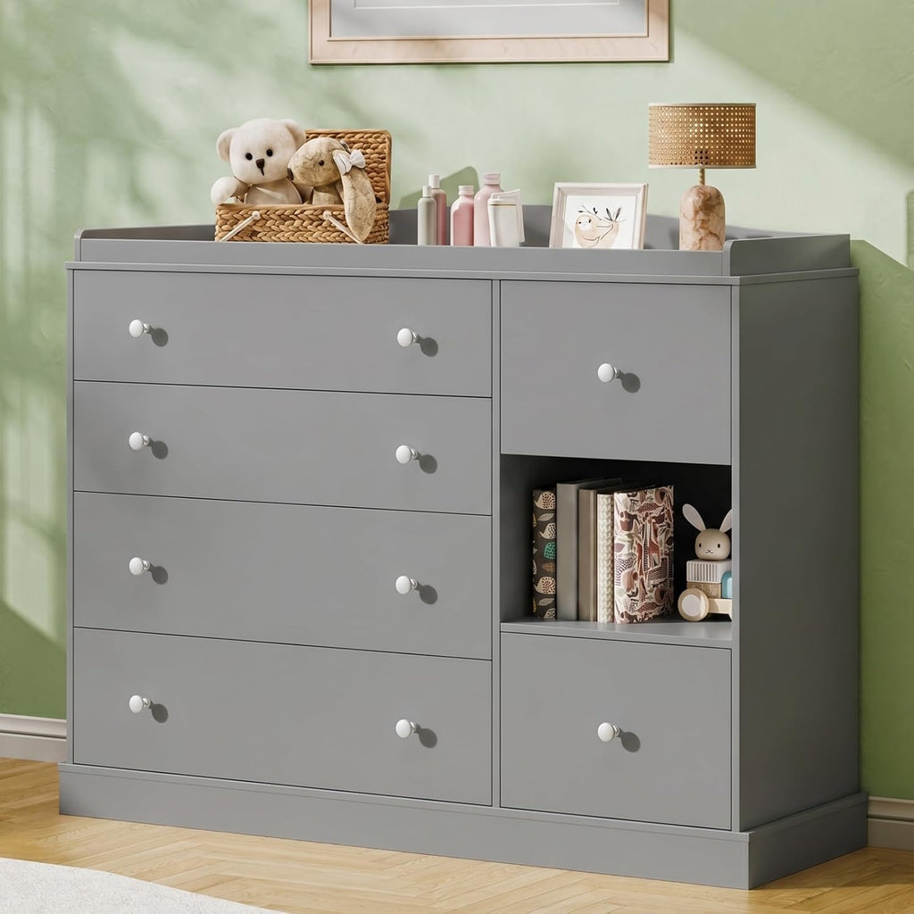 Kids Dresser Cabinet with 6 Drawers, Changing Table for Nursery with Shelf, Multi-Functional Chest of Drawers, Kids Bedroom Furniture, Nightstand for Children's Room, Grey