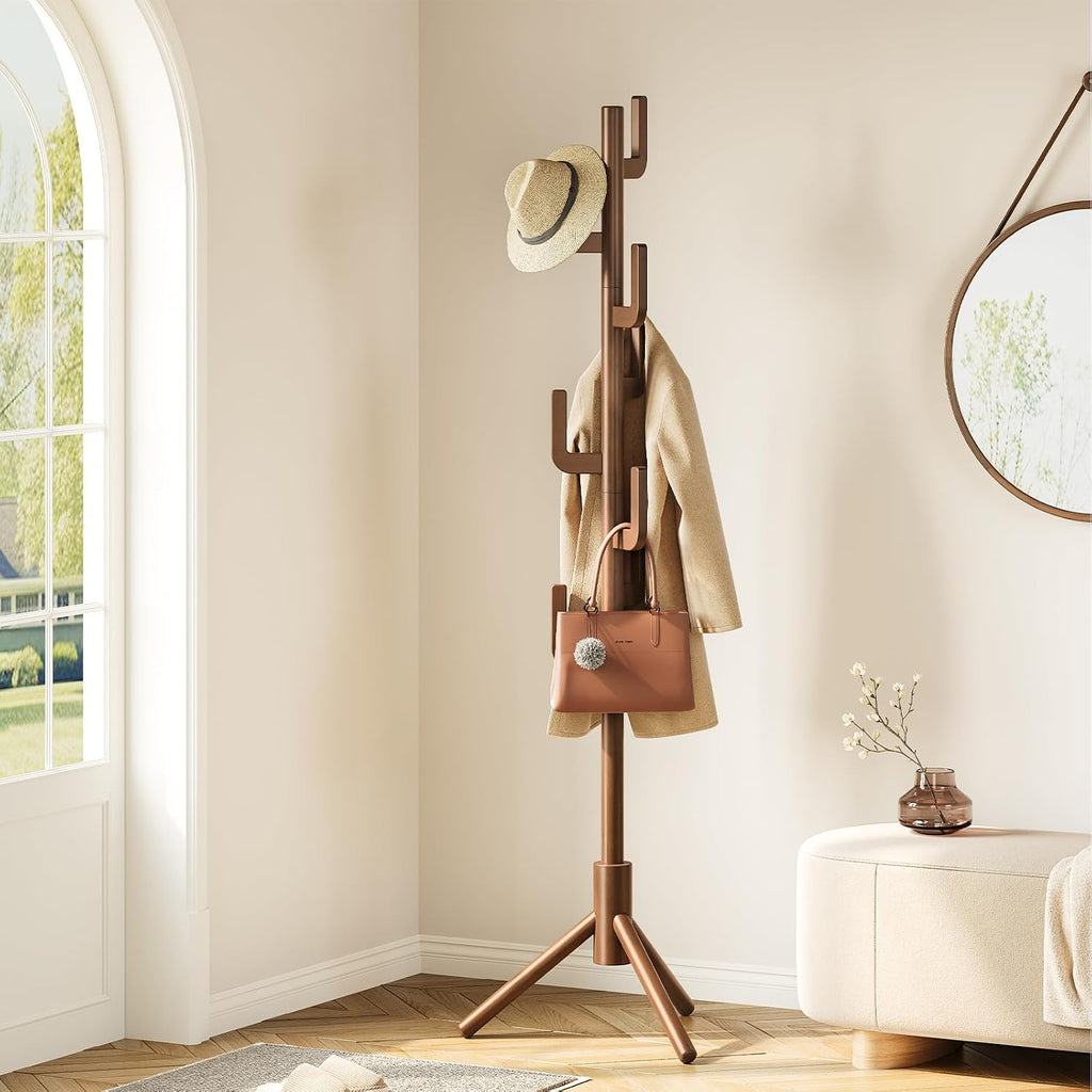 Yoobure Solid Wood Coat Rack - Cactus Coat Tree Freestanding with 8 Hooks, Coat Hanger Stand with 3 Adjustable Sizes for Jacket, Hat, Clothes Stands for Hall, Entryway, Bedroom, Office, Living Room