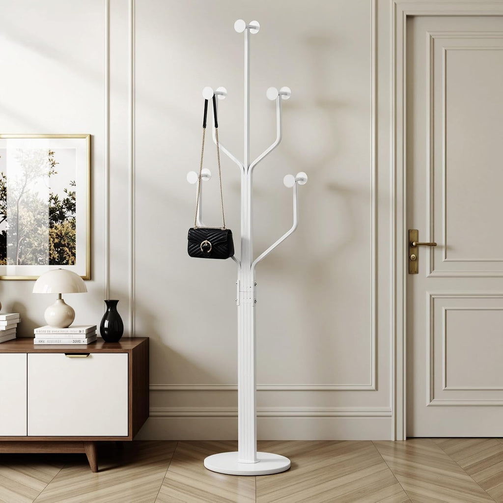 Coat Rack Freestanding Metal Coat Tree with 10 Hooks, White | Heavy Duty Standing Coat Rack, Stainless Steel Marble Base, Coat Hanger Stand for Bedroom Entryway Hallway, Hat, Bags