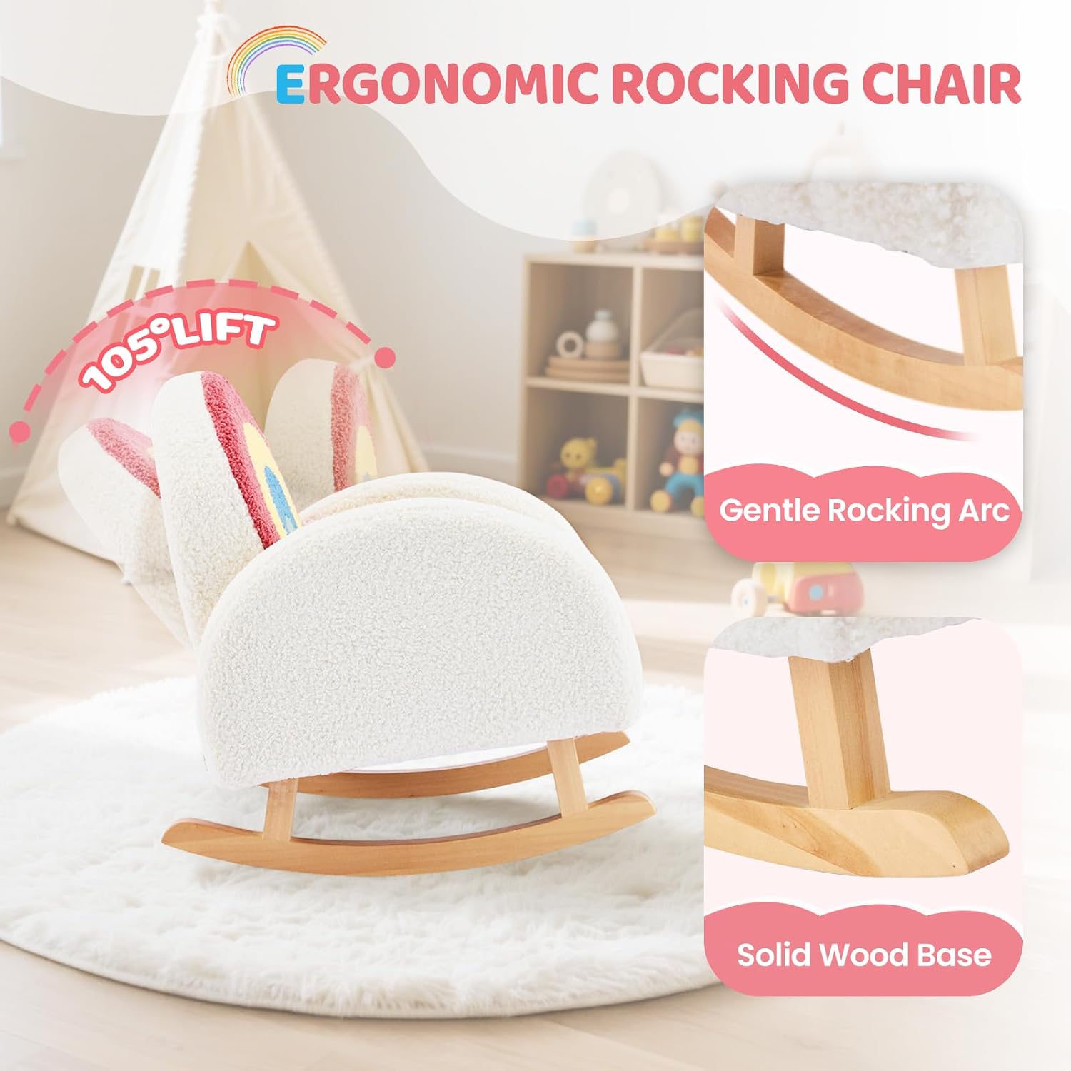 JOYMOR Kids Chair, Teddy Fleece Toddler Rocking Chair with Solid Wood Legs, Anti-Tip Design, Kids Sofa for Nursery, Playroom, Rainbow