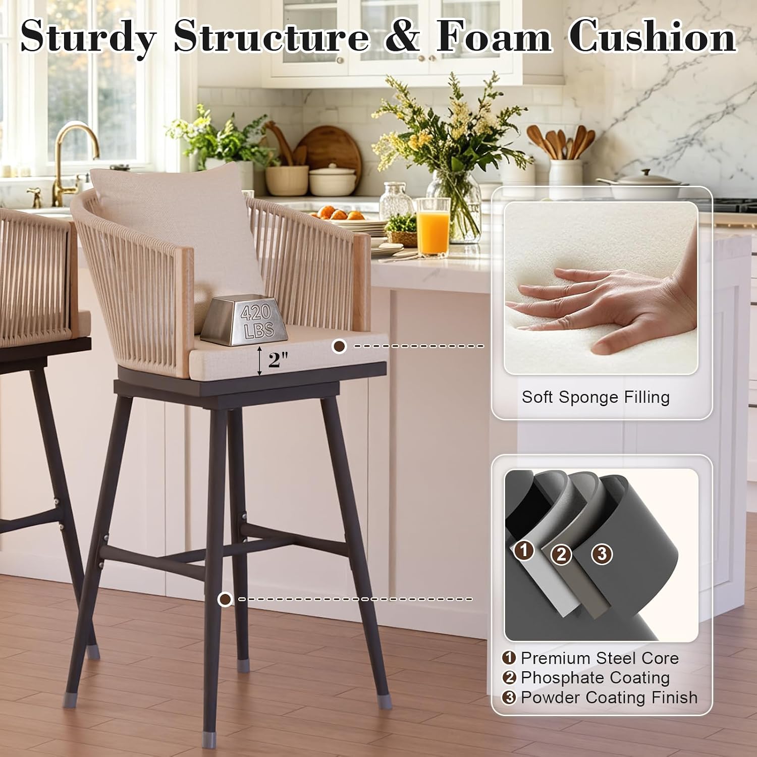 MEISSALIVVE Bar Stools Set of 2, Bar Height Bar Stools, Swivel Patio Barstools with Removable Cushion, Boho Outdoor Bar Stools with Olefin Rope Backrest for Kitchen, Garden, Balcony, Beige