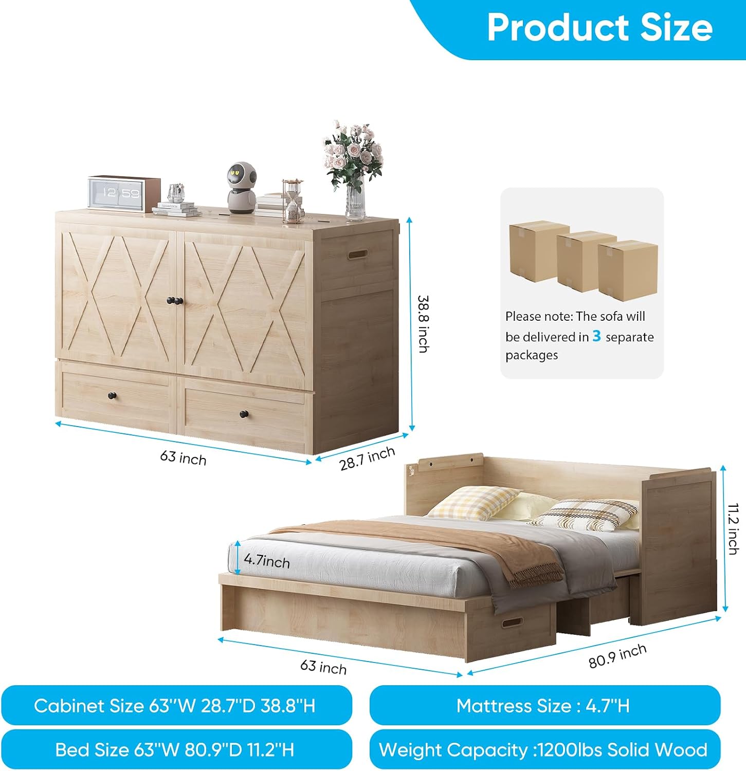 Mjkone Murphy Bed with Tri-Folding Mattress, Queen Hidden Cabinet Bed with Built-in USB Charging Station and 2 Storage Drawers, Foldable Wall Cabinet Beds for Living Room, Natural Wood Color