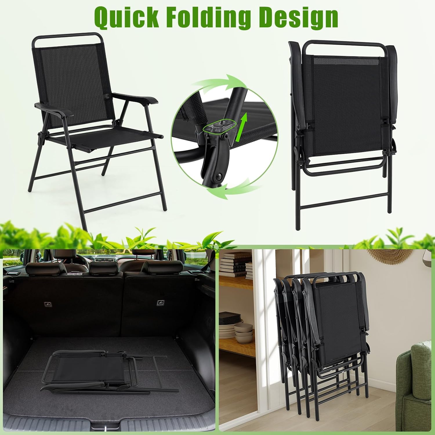 S AFSTAR Patio Chairs Set of 4, Outdoor Folding Lawn Chairs Sling Back Dining Chairs with Armrests & Breathable Seat, Metal Frame Folding Chairs for Garden, Deck, Yard & Porch
