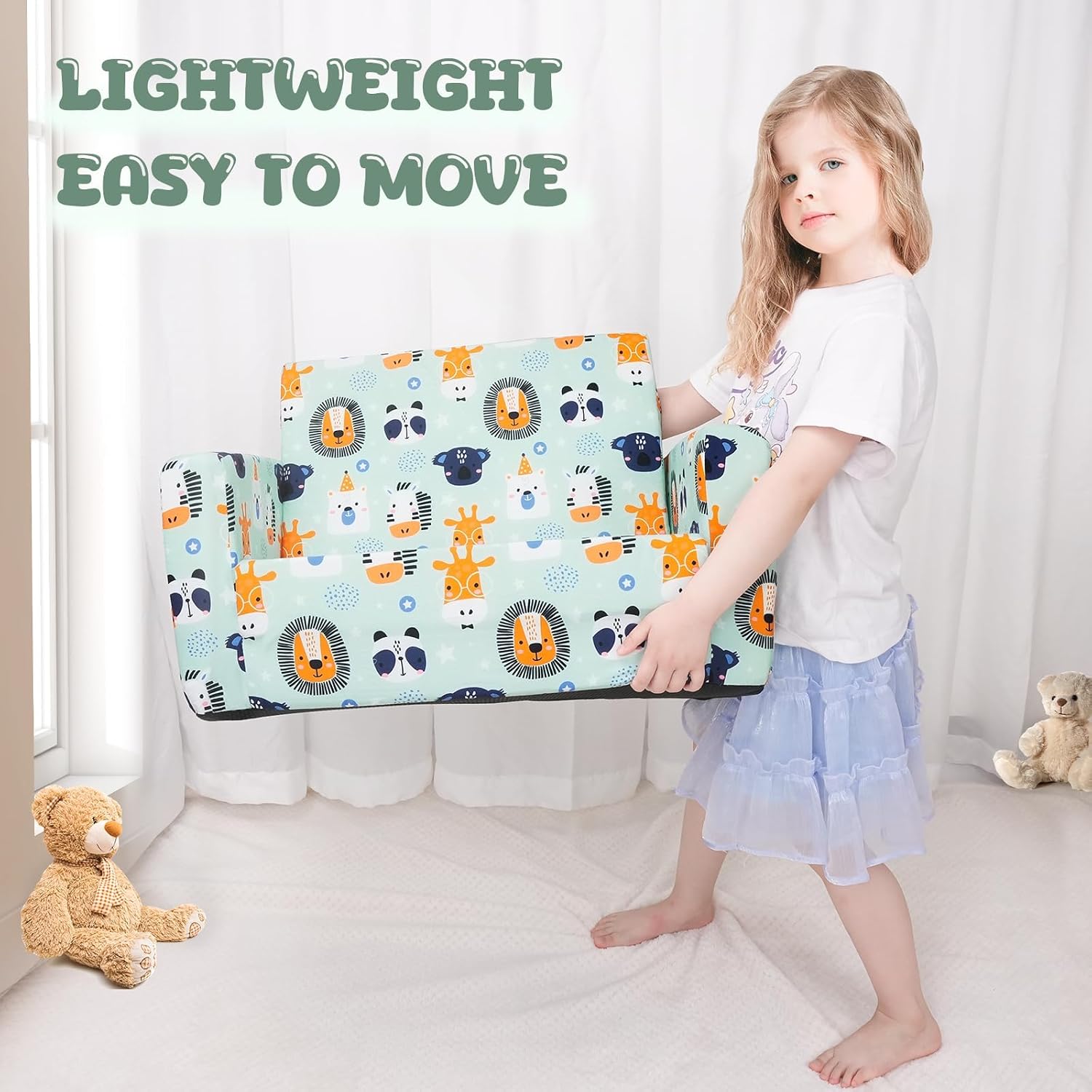 Kids Sofa, Comfy 2-in-1 Toddler Couch Fold Out, Convertible Sofa to Toddler Lounge Chair for Boys and Girls (Animal, Green)