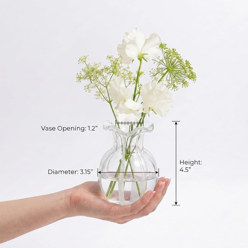 Ruffled Ribbon Hand-Blown Glass Vase Set Small Clear Flower Vases for Centerpieces, Weddings, and Home Decor, Thickened Base for Stability