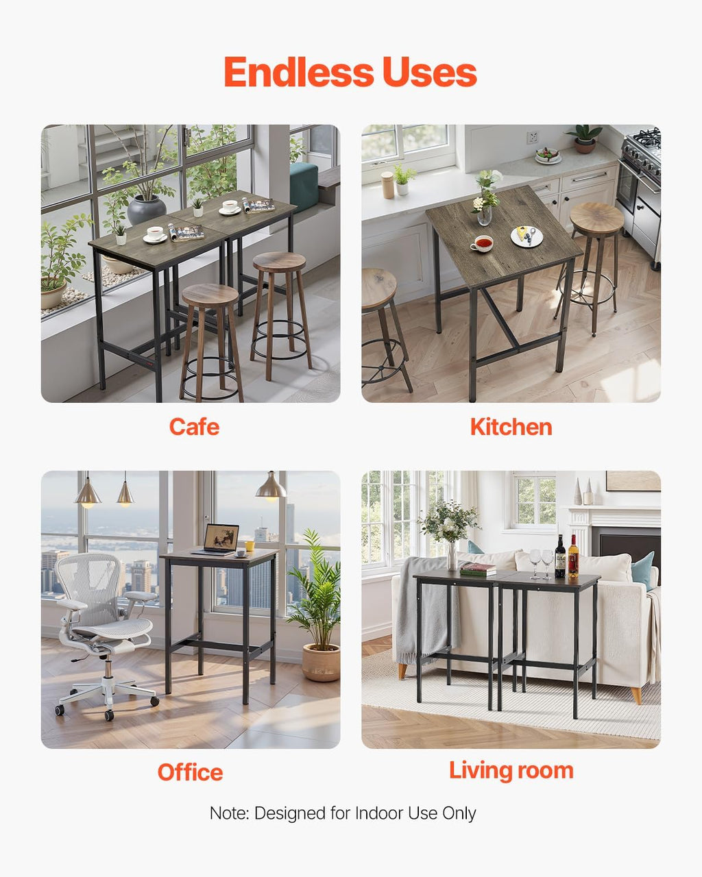 VEVOR Bar Table, Sturdy Metal Frame High Top Pub Table, Small Kitchen Dining, Cocktail Coffee Counter Bar Height Desk, Easy to Assemble, 24x24x36 in, for Living Room Party, Rustic Brown and Black
