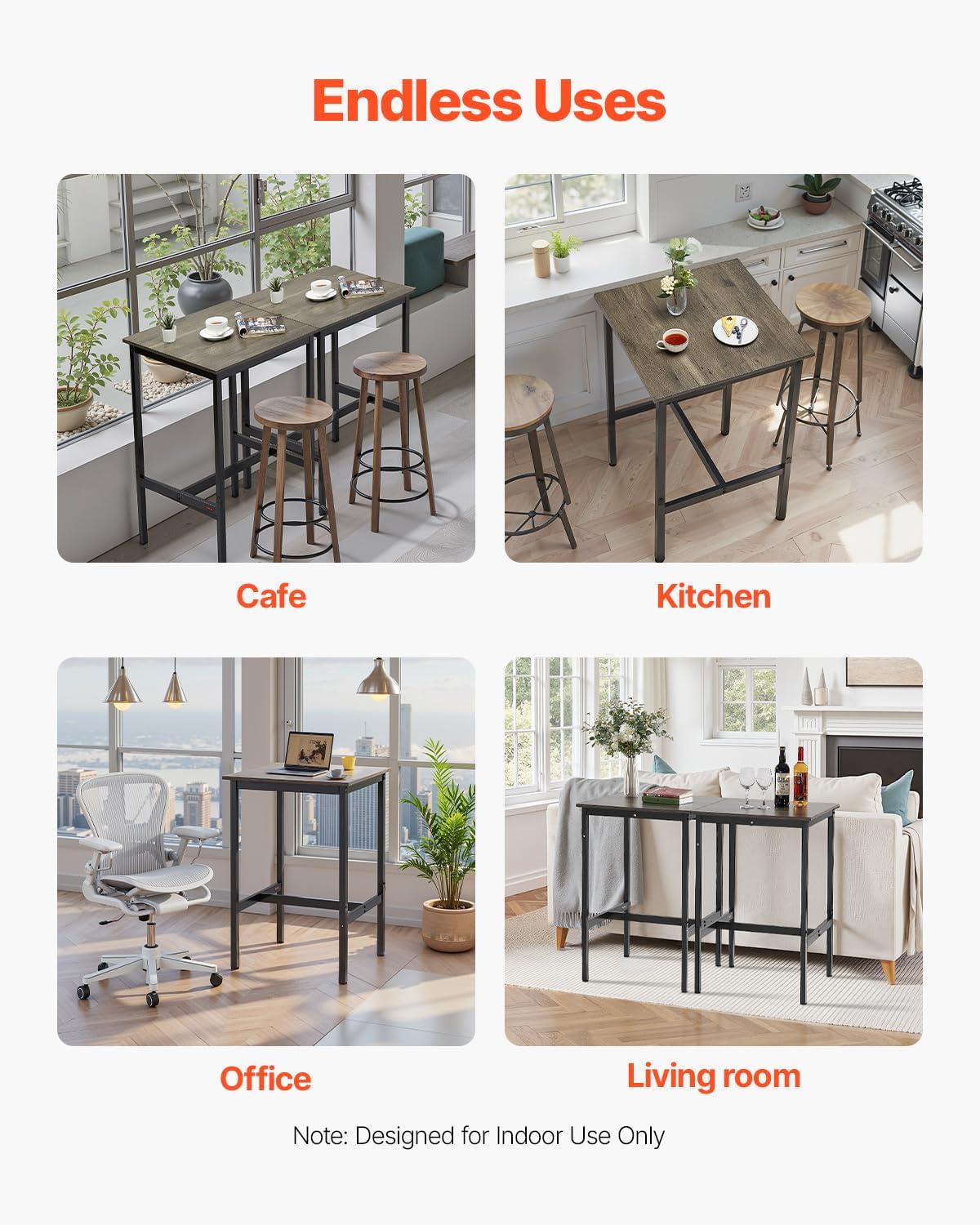 VEVOR Bar Table, Sturdy Metal Frame High Top Pub Table, Small Kitchen Dining, Cocktail Coffee Counter Bar Height Desk, Easy to Assemble, 24x24x36 in, for Living Room Party, Rustic Brown and Black