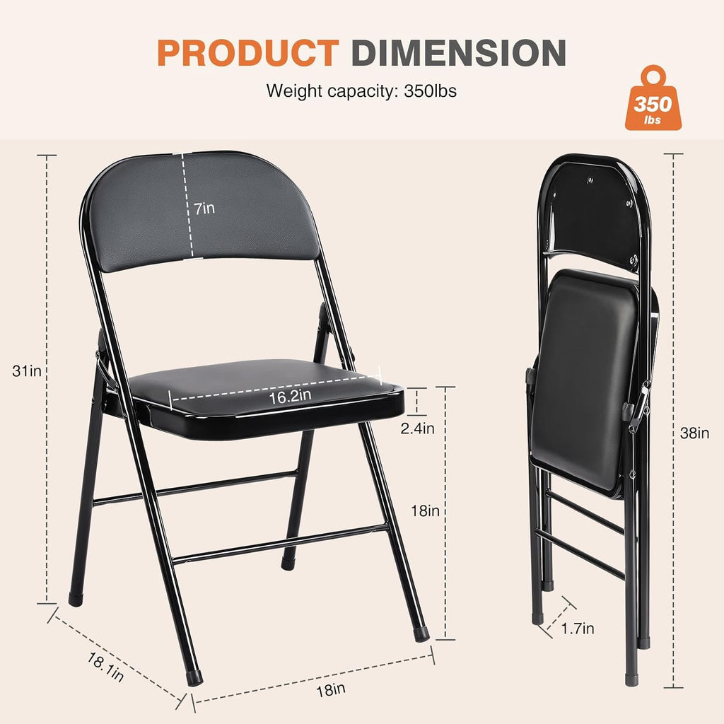 Sweetcrispy Folding Chair 2 Pack, Leather Padded Foldable Chairs, Sturdy Metal Portable Chairs, Easy to Use and Store, Outdoor and Indoor, for Home, Office, Party, Garden, Black