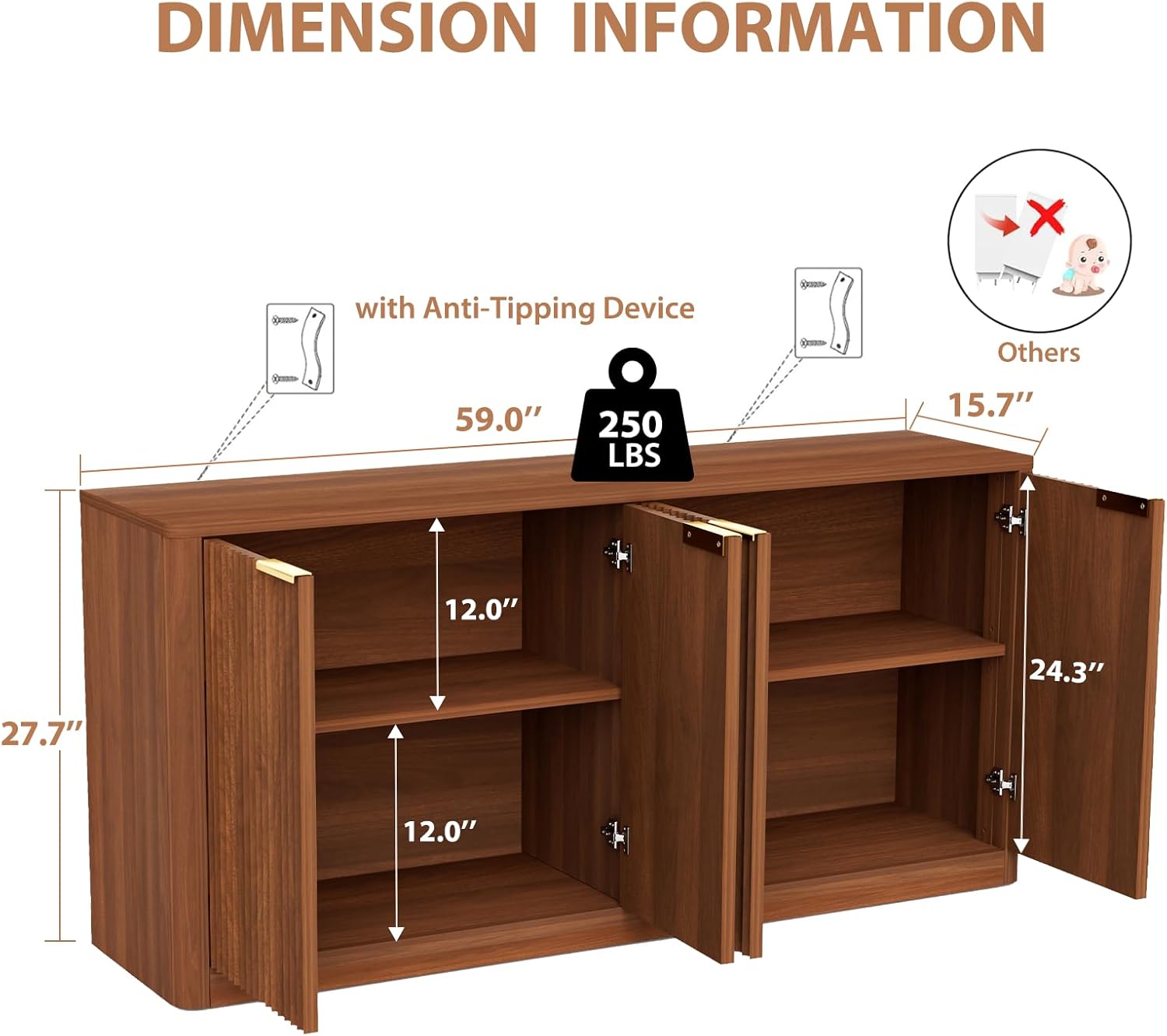 59" Fluted Buffet Sideboard Cabinet with Storage, Wooden 4-Door Sideboard with Adjustable Shelves, Coffee Bar Table for Kitchen, Living Room, Entryway,Walnut