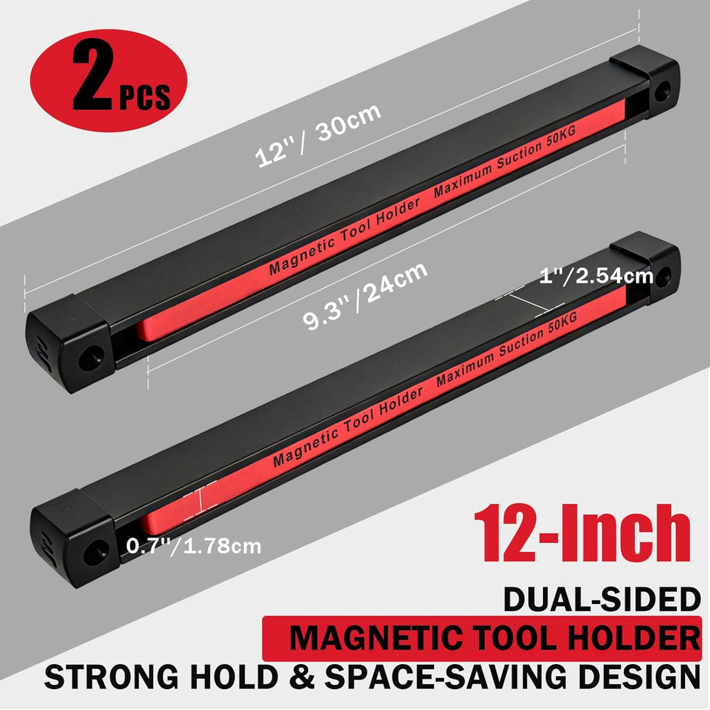 HOMEBEST Double Sided Magnetic Tool Holder, 12 Inch Magnetic Tool Bar 2 Pack, 110LB/50KG Max Magnetic Suction, Heavy Duty Garage Tool Organizer for Workshop, Tool Chest, Shed, Jobsite