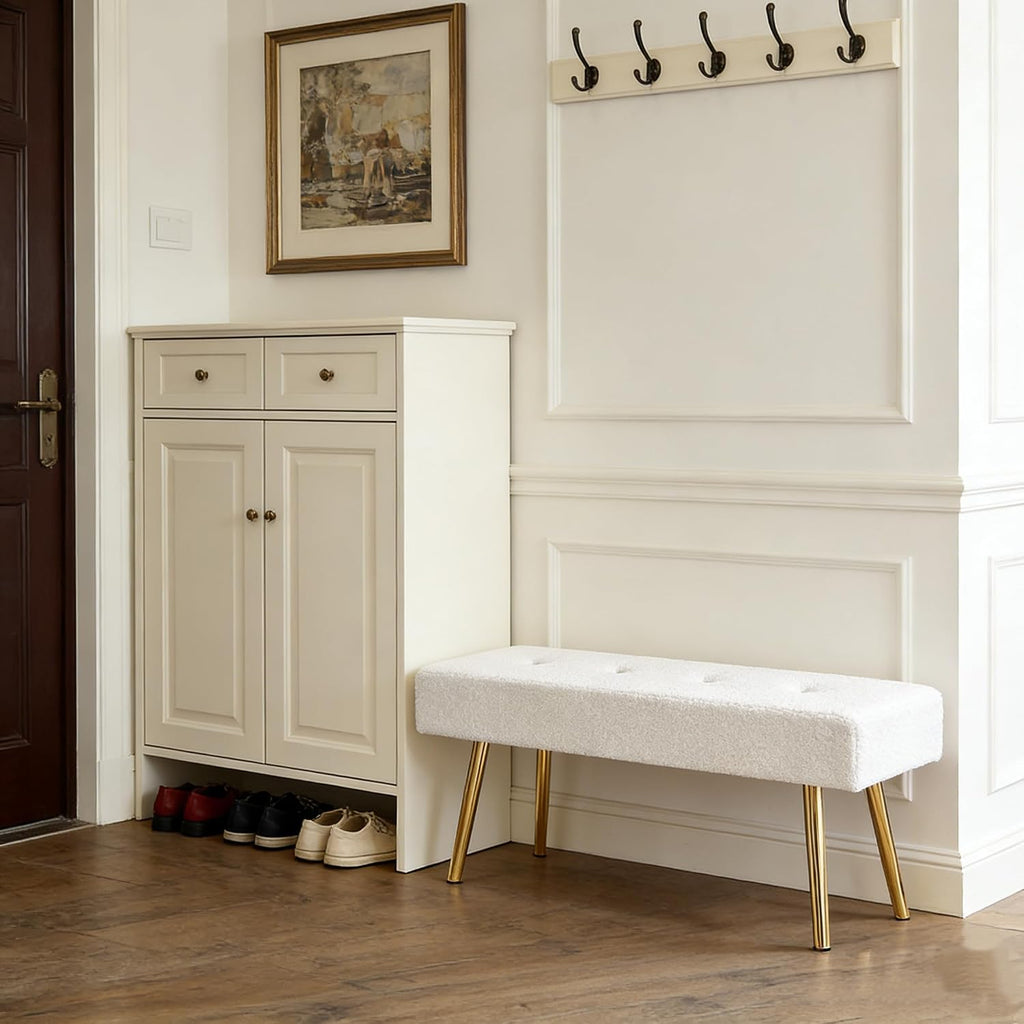 Entryway Bench, 40'' Upholstered Bedroom Benches, End of Bed Bench with Metal Legs, for Decorative, Living Room, Dining Room, White Bench, Teddy Velvet