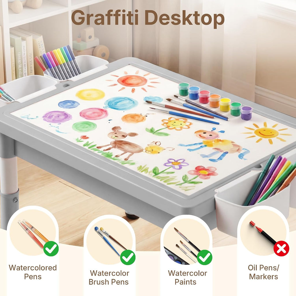 Kids Table and 4 Chairs, 4 in 1 Activity Table w/Reversible Graffiti/Block Building Tabletop, Adjustable Height, Toddler Table and Chair Set with Storage (Gray, 1 Table + 4 Chairs)