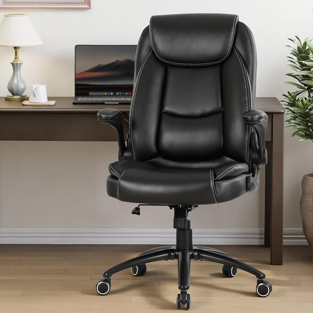 400lbs Capacity Executive Desk Chair with Ergonomic Lumbar Support, Flip-up Arms & High Back Leather Computer Chair for Home/Office, Black
