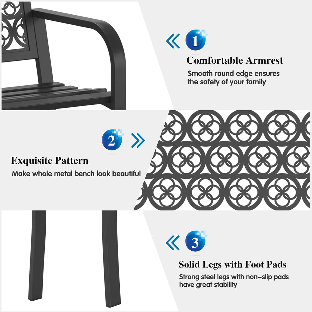 On Shine Outdoor Garden Bench Cast Iron Steel Outdoor Bench Clearance Weatherproof Metal Park Bench for Porch, Yard, Lawn, Deck (Four-Leaf Clover)