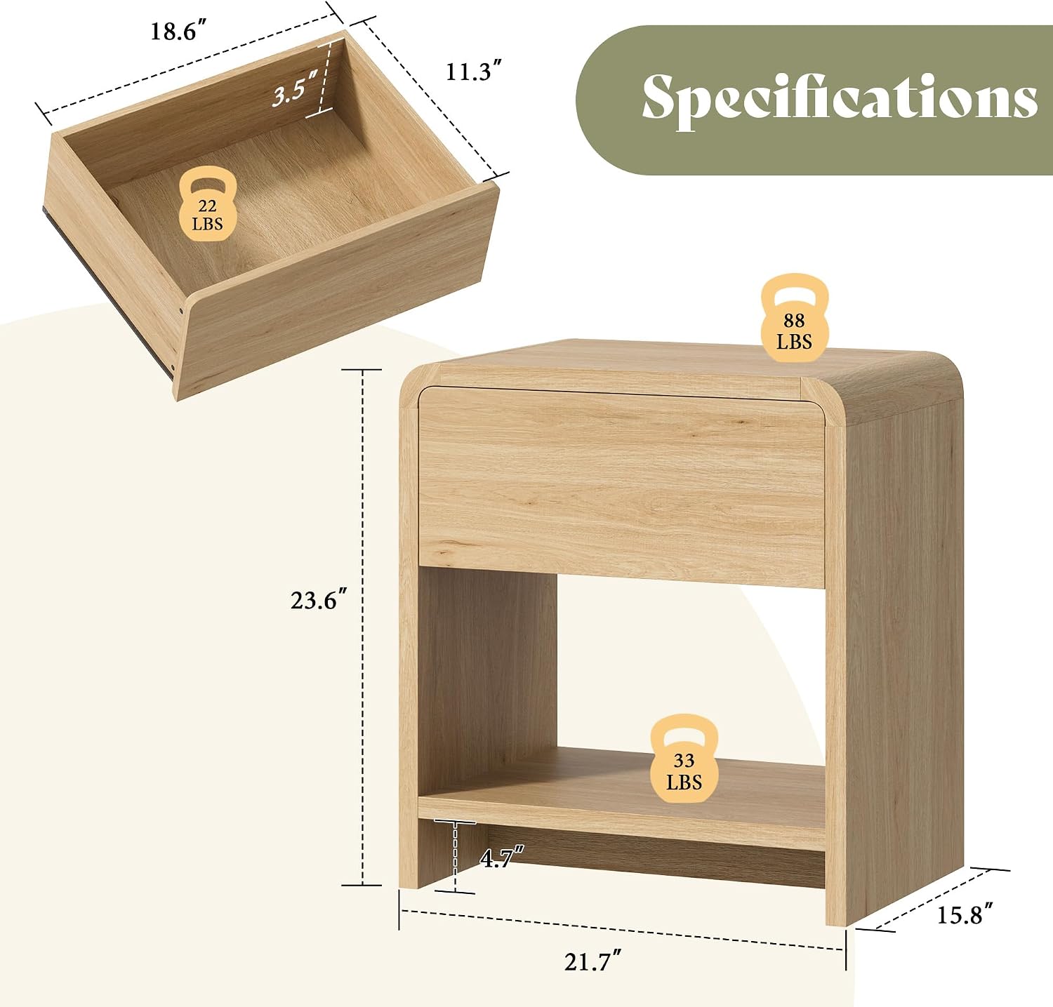 MERLIFE Modern Night Stand Set 2 with Storage Drawer & Open Shelves, Oak | Natural Wood Finish,Curved Top Corners,Smooth Metal Slides,Easy Assembly 30mins,for Bedroom Living Room Sofa Office
