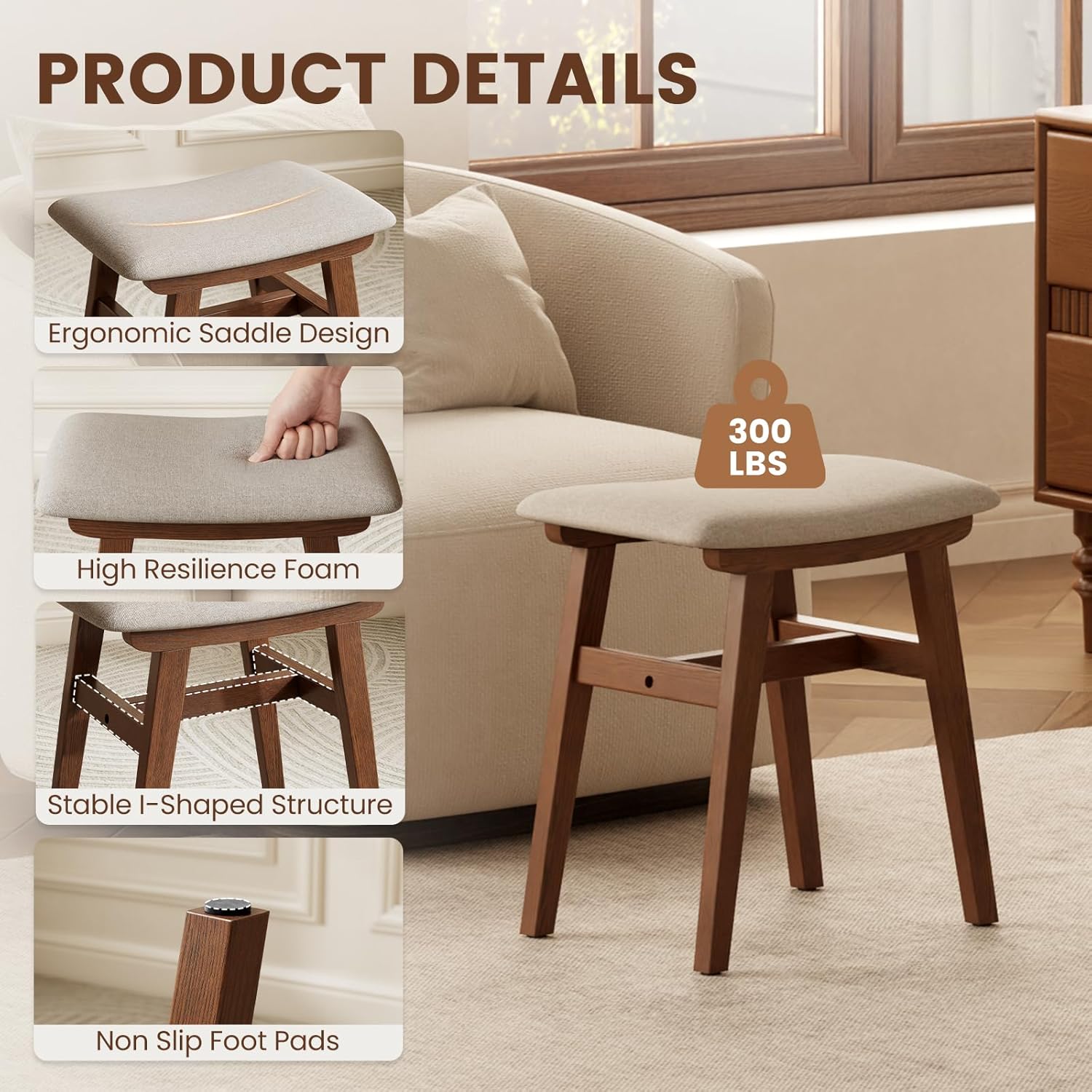 Solid Wood Small Vanity Stool Chair, Makeup Stools for Vanity Desk, Bathroom Vanity Chair, Padded Foot Stool for Living Room, Ottoman Foot Rest for Couch, Small Bench for Entryway, Walnut