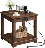 CHOEZON Farmhouse End Table with Charging Station, 2-Tier Large Side Table, Square Side Table, Nightstand, Fridge Stand, for Living Room, Bedroom, Kitchen, Walnut MBZ15UHT