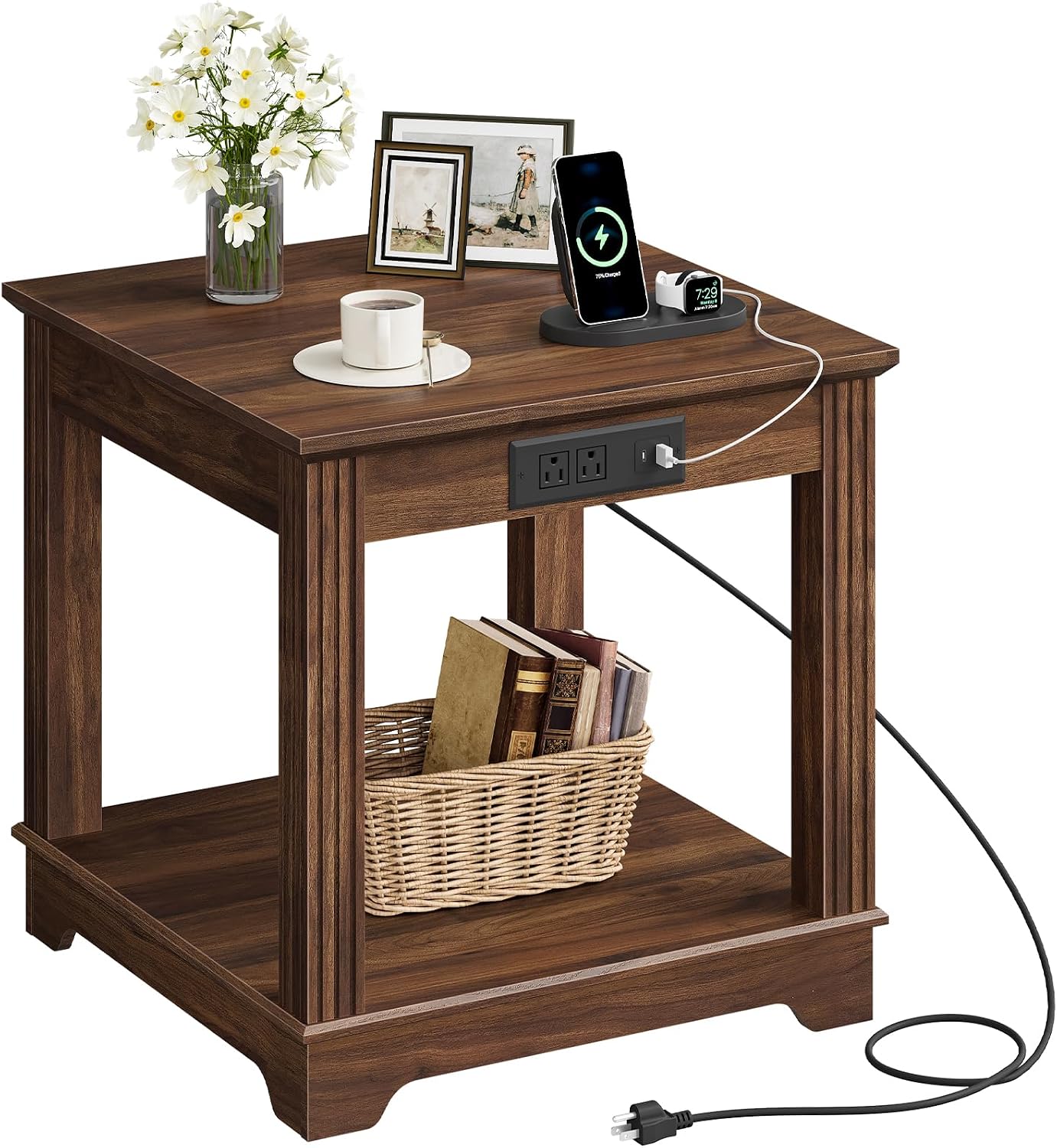 CHOEZON Farmhouse End Table with Charging Station, 2-Tier Large Side Table, Square Side Table, Nightstand, Fridge Stand, for Living Room, Bedroom, Kitchen, Walnut MBZ15UHT