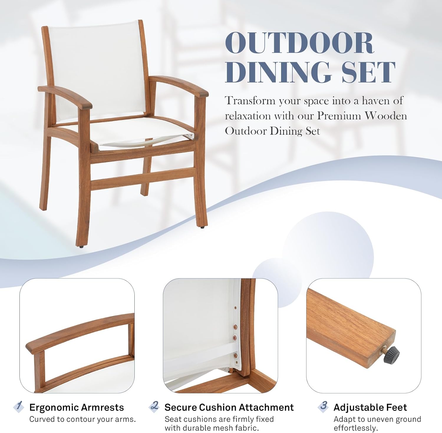 Acacia Wood Patio Dining Chairs Set (White, 8 Pieces) | Outdoor Chair Set with Breathable Textilene Fabric, Metal Support Bars, Curved Armrest, Supports 350lbs For Lawn, Garden