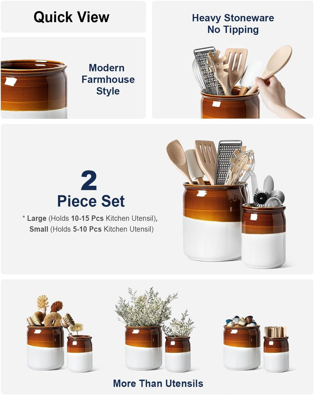 LE TAUCI Kitchen Utensil Holder for Countertop, Ceramic Utensil Crock Set of 2, Rustic Brown Holder for Spatulas, Spoons and Ladles, Large Farmhouse Kitchen Counter Decor, Brown and White, 7.2" & 5.4"