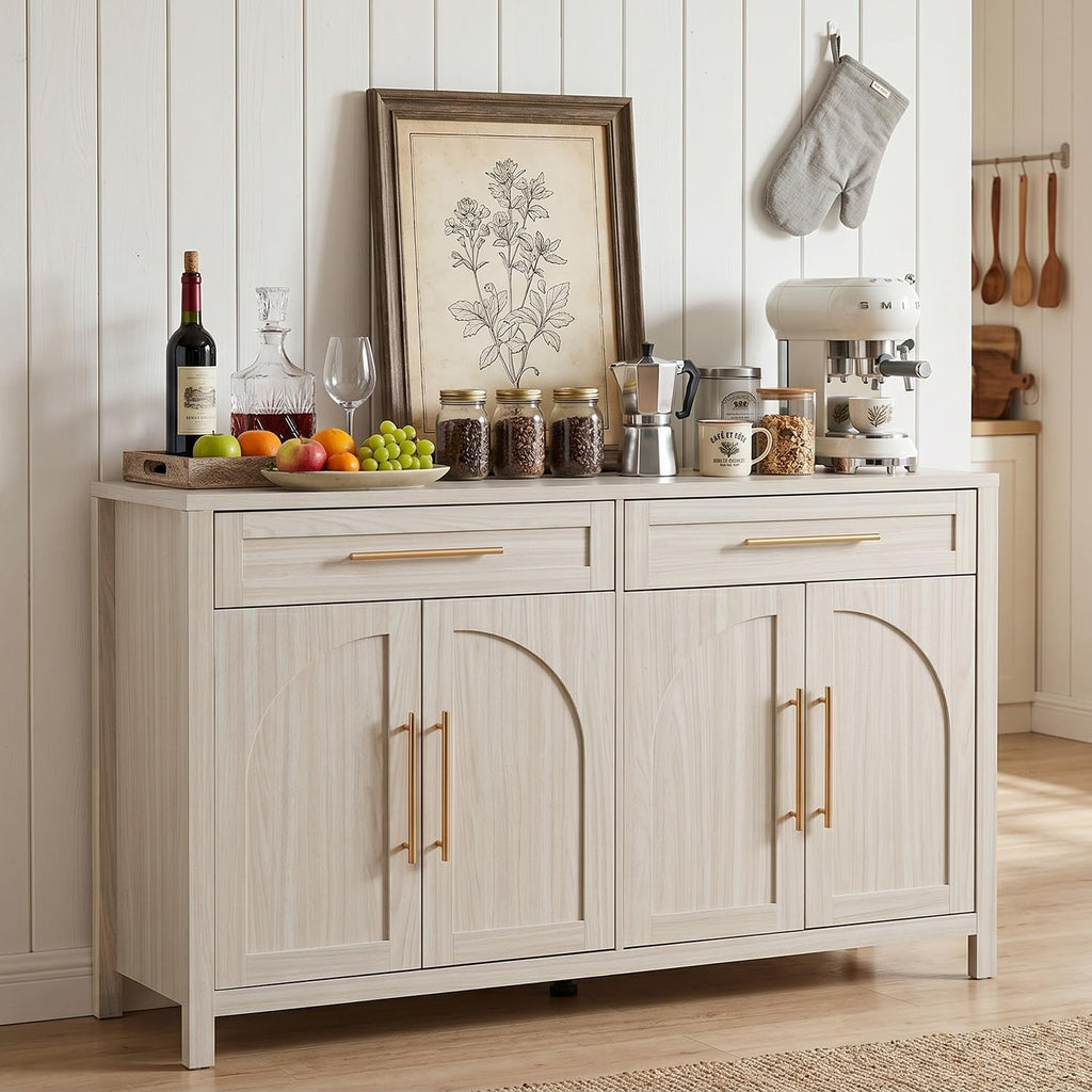 Mid-Century Modern Arched Sideboard, 55" Buffet Cabinet with Storage, 4-Door Accent Cabinet, Long Sideboard Buffet Table for Kitchen, Living Room, White