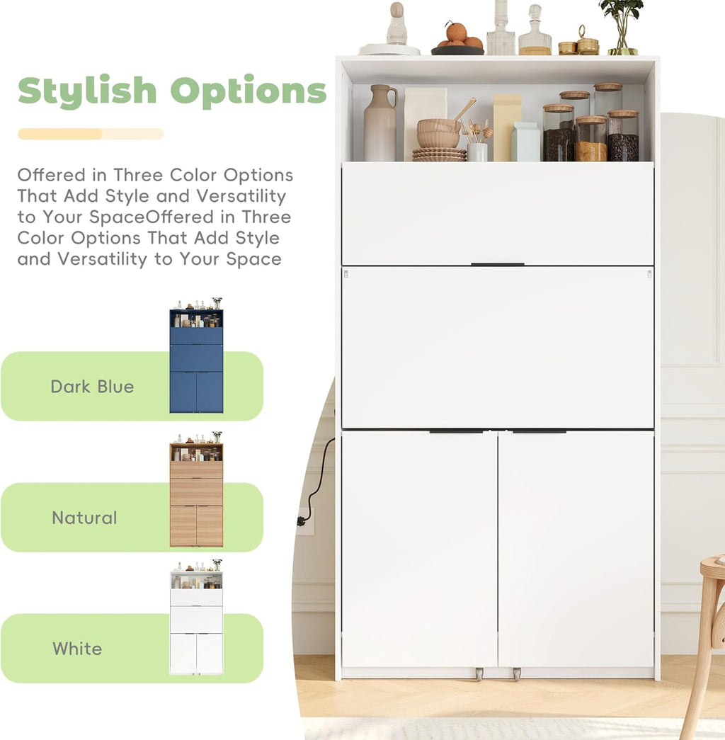 RuiSiSi 69" Kitchen Pantry Buffet with Hutch and and Foldable Workstation, Multifunctional Storage Cabinet with Adjustable Shelf and Charging Station for Dining, Living Room, White