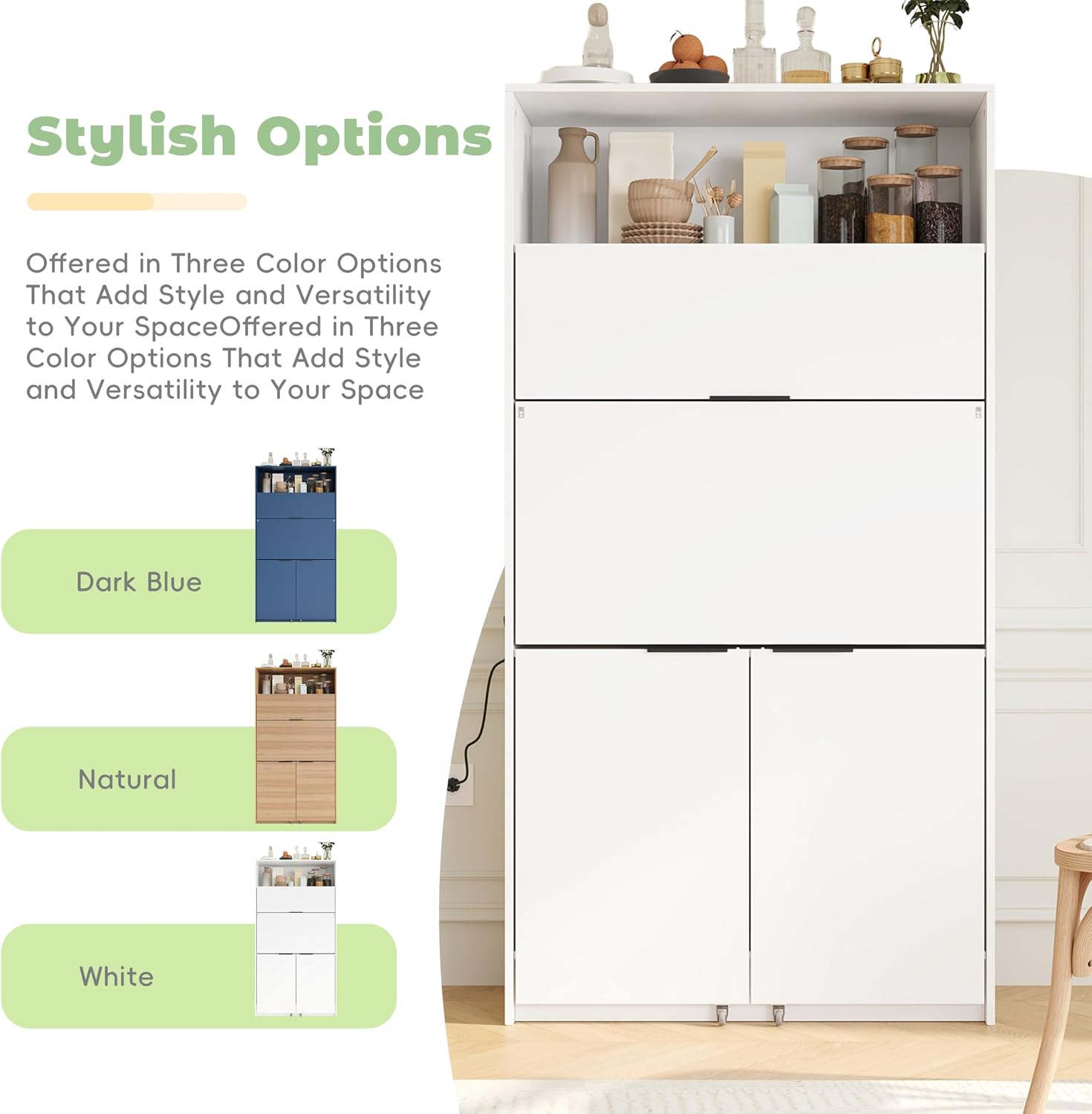 RuiSiSi 69" Kitchen Pantry Buffet with Hutch and and Foldable Workstation, Multifunctional Storage Cabinet with Adjustable Shelf and Charging Station for Dining, Living Room, White
