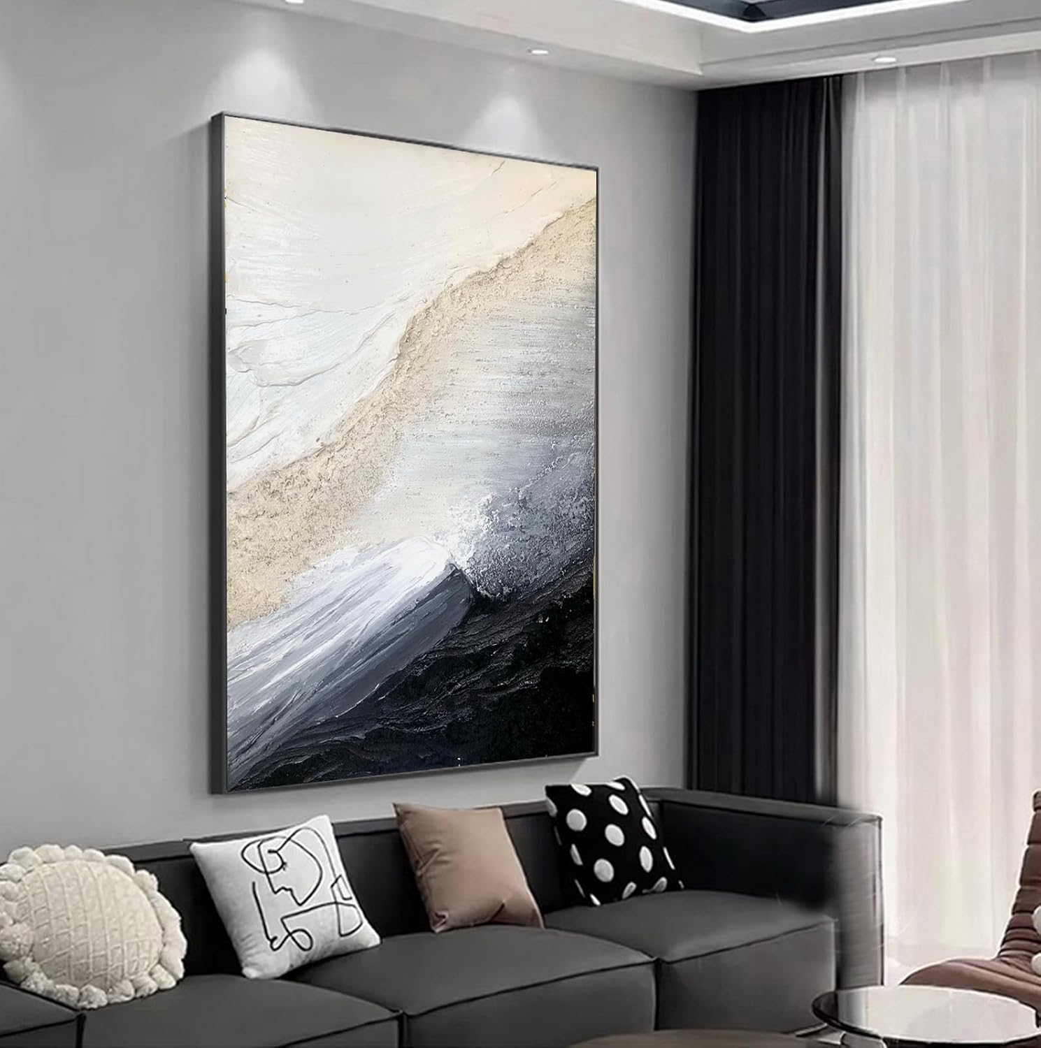 Large 3D Textured Coastal Wall Art in Black and White for Living Room, Hand-Painted Abstract Ocean Wave Oil Painting for Entryways, Modern Minimalist Framed Art for Bedroom Office Decor, Ready to Hang 32" x 48"