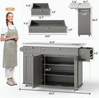 ONBRILL 60" Kitchen Island with Power Outlet & Drop Leaf, Rolling Island with Spice Rack & Towel Rack, Kitchen Island Cart with Trash Storage Cabinet, Island Table for Kitchen, Grey+Imitation Marble