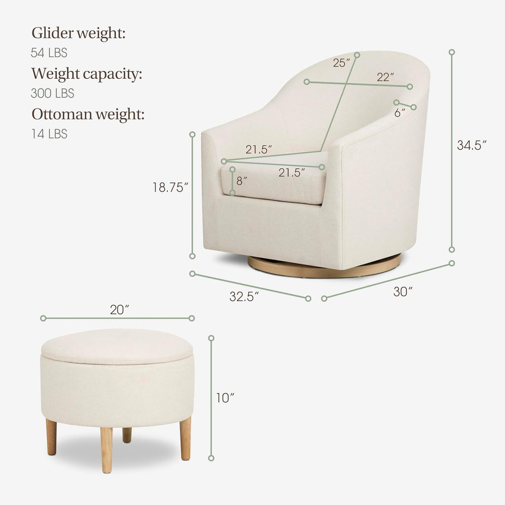 Evolur Luna Swivel Chair & Ottoman with 360-degree Swivel and Soft, Plush Fabric and Sleek Design, Sturdy Wooden Base