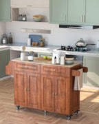 Qsun Kitchen Island with Drop Leaf and Storage, on Wheels Two Drawers, Large Storage Cabinet, Towel Rack Spice Cart Brown