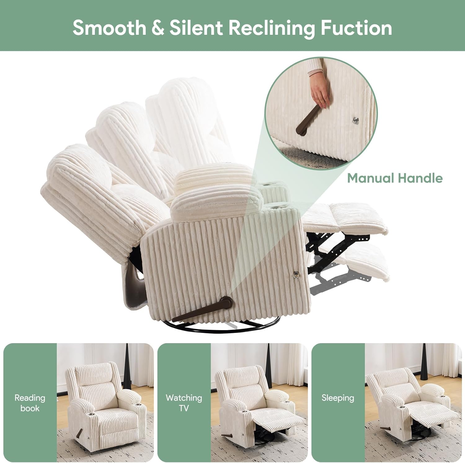 Manual Recliner Chair with Adjustable Headrest, Oversized Swivel Rocker Recliner for Adults with Arm Storage, Nursery Glider Recliner with Phone Stand and Side Pockets for Living Room, Beige