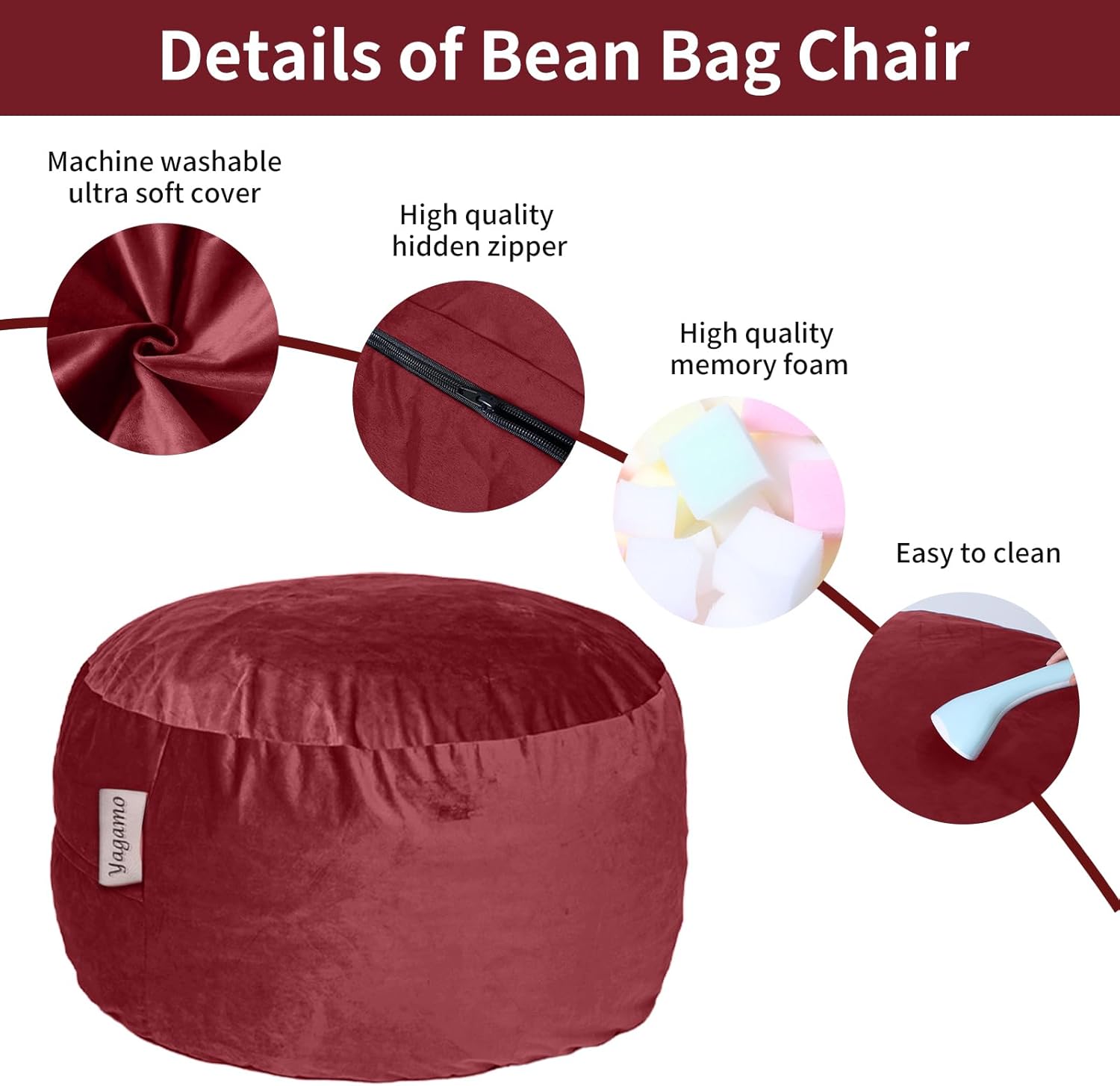 4FT Bean Bag Chair, Large Bean Bag with Filling, Memory Foam Bean Bags with Ultra Soft Washable Dutch Velvet Cover for Living Room, Bedroom and Gaming Room -4 Foot, Red