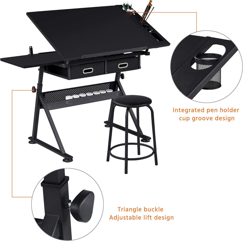 Yaheetech Art Craft Table Drawing Table Height Adjustable Drafting Desk Work Station with Tiltable Tabletop w/Stool and 2 Storage Drawers for Reading, Writing,Studying