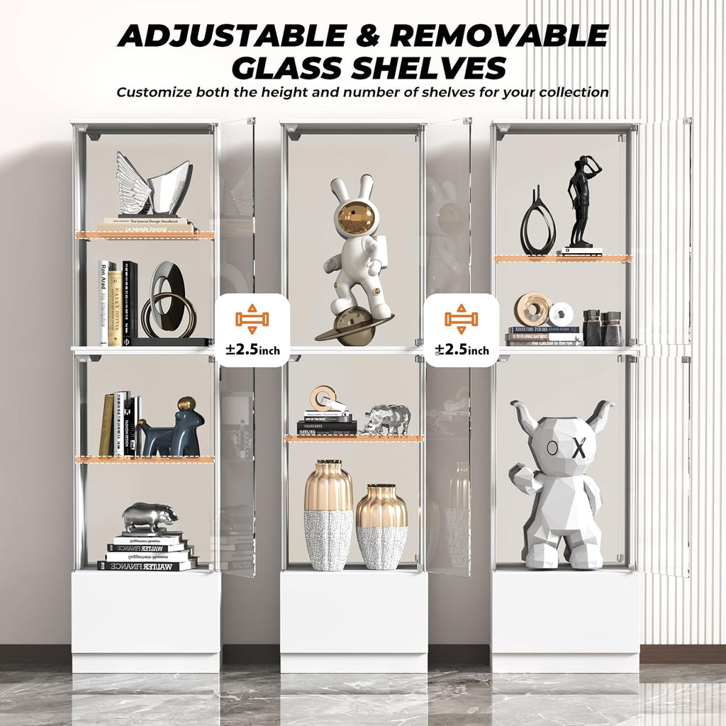 VersionTECH. Glass Display Cabinet, 4-Tier Curio Cabinet with RGB Lights for Collectibles, Corner Display Case with Drawers, Adjustable Glass Shelves, Human Body Sensor, Mirror Backing, White