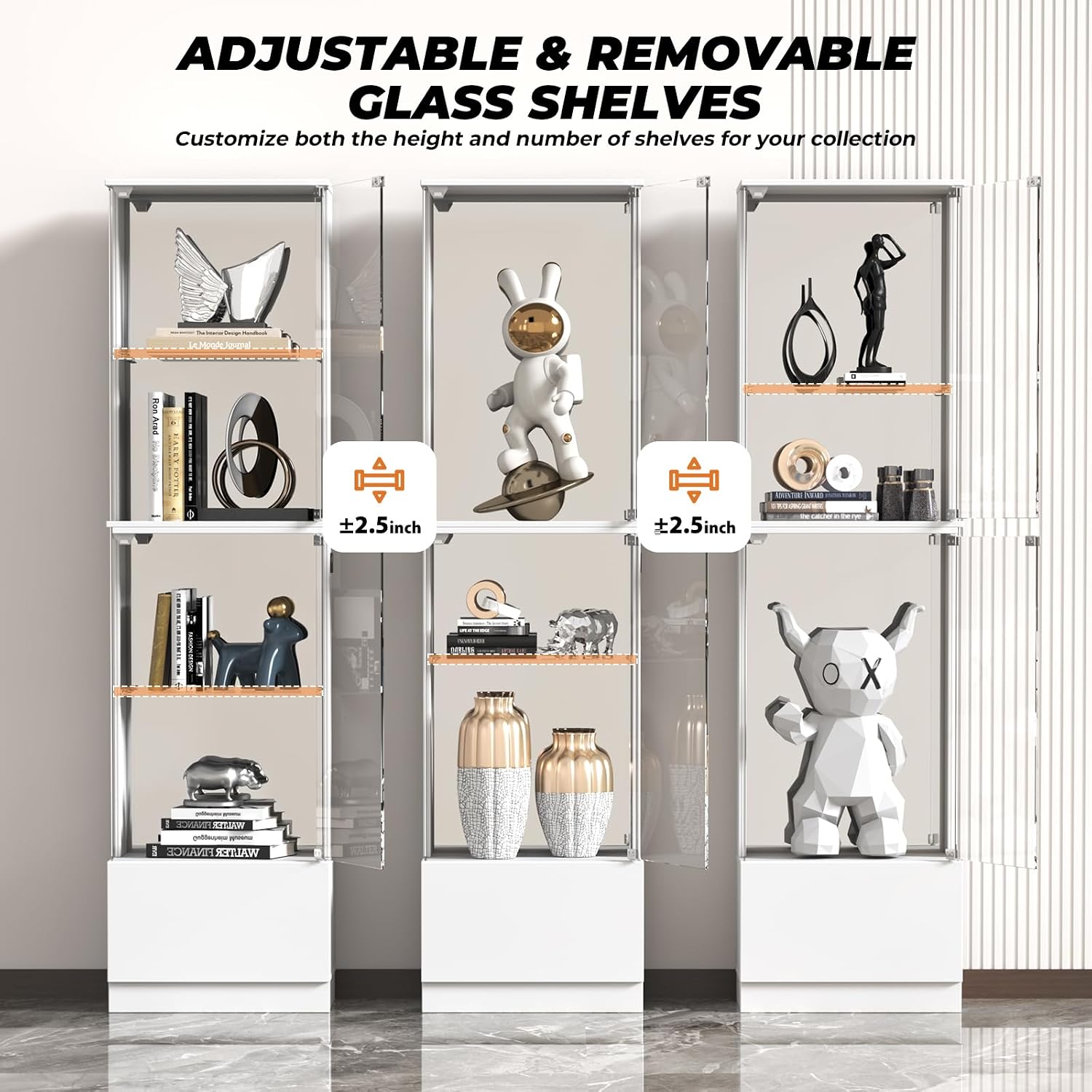 VersionTECH. Glass Display Cabinet, 4-Tier Curio Cabinet with RGB Lights for Collectibles, Corner Display Case with Drawers, Adjustable Glass Shelves, Human Body Sensor, Mirror Backing, White