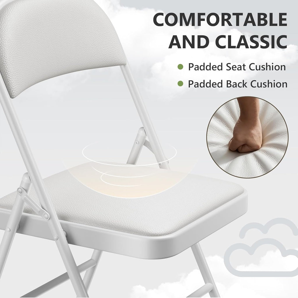 Padded Folding Chairs 2 Pack, PU Leather Folding Chairs for Outside and Indoor, Heavy Duty Portable Foldable Metal Chairs for Home Office, Dorm, Party, Backyard, Patio, White