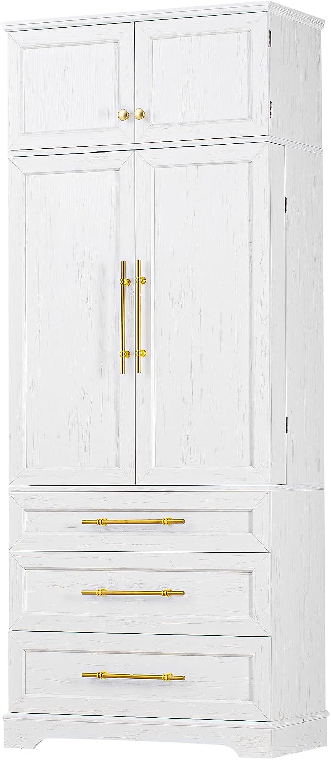 Farmhouse Kitchen Pantry Cabinet with 8 Door Shelves and 3 Large Drawers, Tall Storage Cabinet Cupboard with Adjustable Shelves for Kitchen, Dining Room, Bathroom (Retro White)