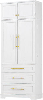 Farmhouse Kitchen Pantry Cabinet with 8 Door Shelves and 3 Large Drawers, Tall Storage Cabinet Cupboard with Adjustable Shelves for Kitchen, Dining Room, Bathroom (Retro White)