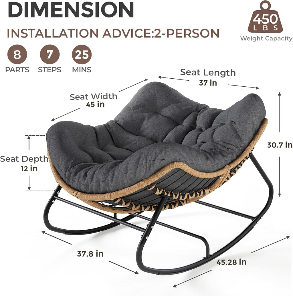 SWITTE Papasan Rocking Chair Outdoor, Oversized Patio Egg Chair with Thick Cushion, Indoor Wicker Lounge Rocker Bed for Balcony, Porch, Garden, Dark Gray